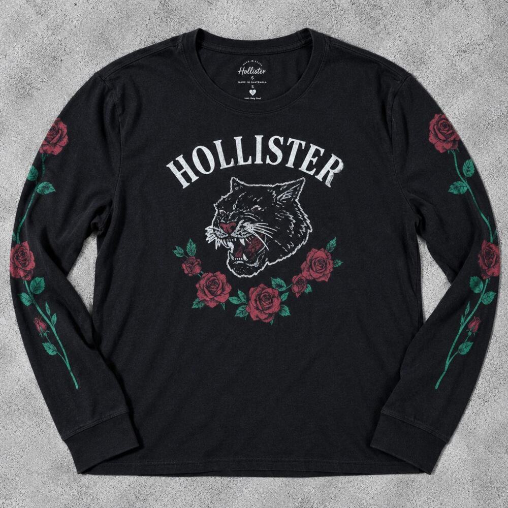 Hollister Women’s Black Rose Floral Long Sleeve Graphic Shirt Size Small